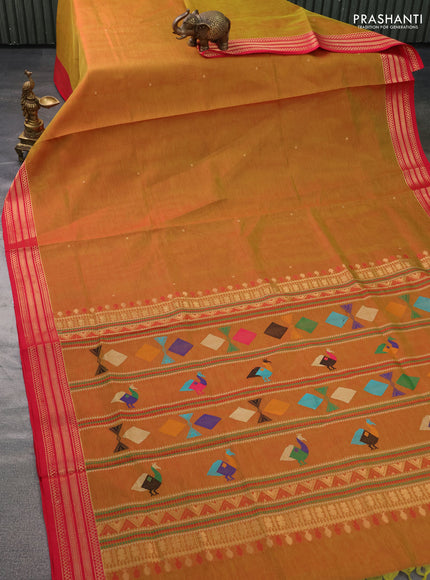 Kanchipuram silk cotton saree dual shade of green and red with zari woven buttas and zari woven border