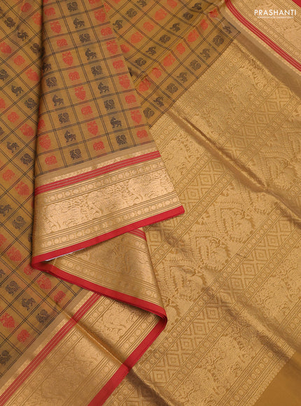 Kanchipuram silk cotton saree sandal and red with allover thread woven checked pattern & buttas and zari woven border