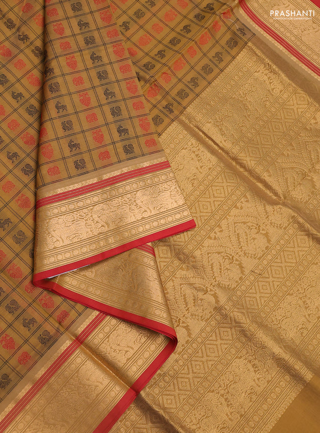 Kanchipuram silk cotton saree sandal and red with allover thread woven checked pattern & buttas and zari woven border