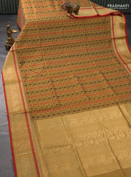 Kanchipuram silk cotton saree sandal and red with allover thread woven checked pattern & buttas and zari woven border