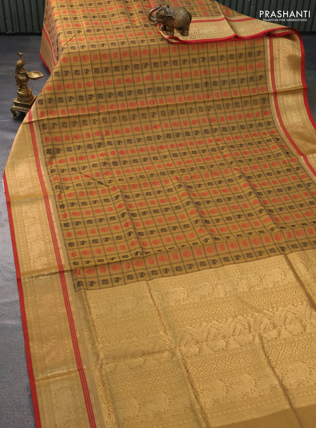 Kanchipuram silk cotton saree sandal and red with allover thread woven checked pattern & buttas and zari woven border