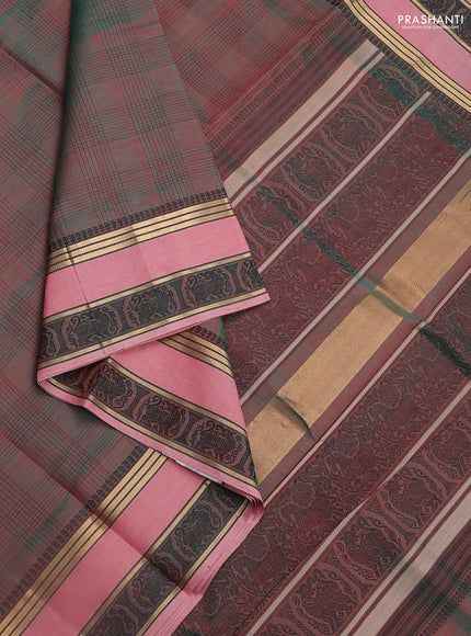 Kanchipuram silk cotton saree dual shade of maroon and maroon shade with allover thread woven checked pattern and woven border