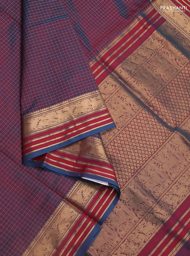 Kanchipuram silk cotton saree dual shade of maroon and teal blue with allover thread woven checked pattern and annam zari woven border
