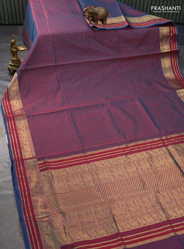 Kanchipuram silk cotton saree dual shade of maroon and teal blue with allover thread woven checked pattern and annam zari woven border