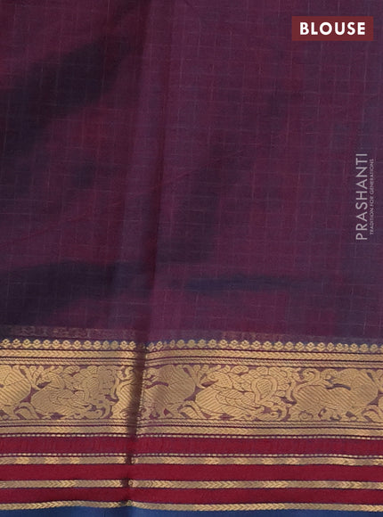 Kanchipuram silk cotton saree dual shade of maroon and teal blue with allover thread woven checked pattern and annam zari woven border