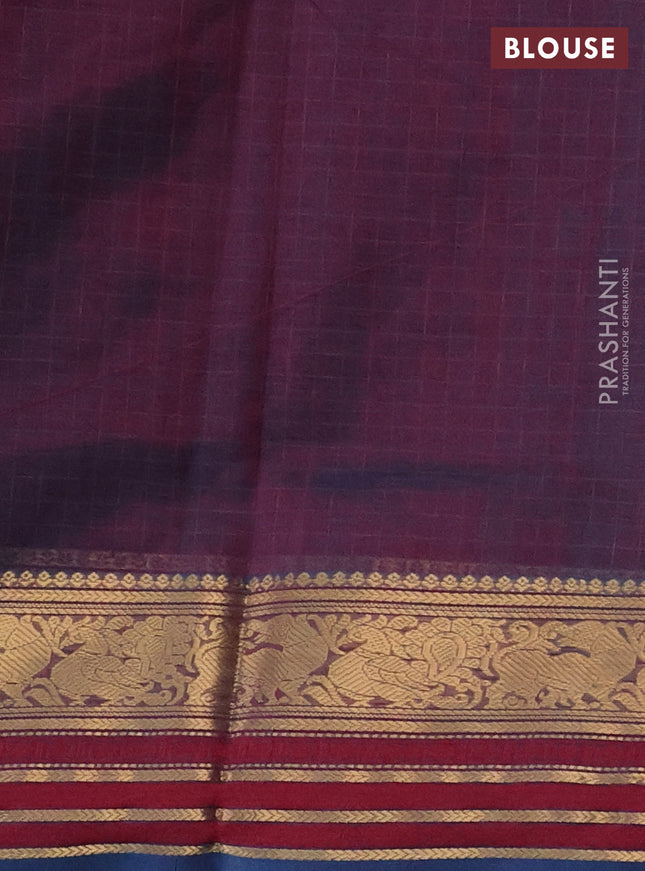 Kanchipuram silk cotton saree dual shade of maroon and teal blue with allover thread woven checked pattern and annam zari woven border