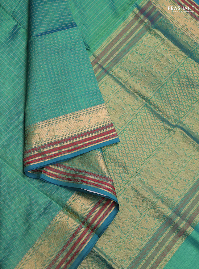 Kanchipuram silk cotton saree dual shade of teal green with allover thread woven checked pattern and zari woven border