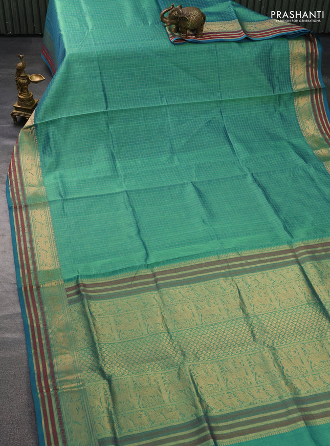 Kanchipuram silk cotton saree dual shade of teal green with allover thread woven checked pattern and zari woven border