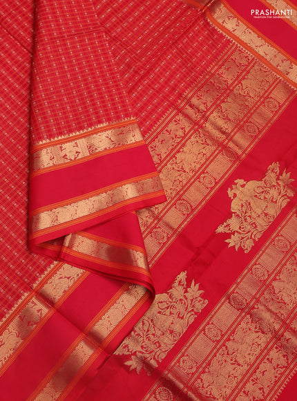 Kanchipuram silk cotton saree red with allover thread woven checked pattern & buttas and rettapet zari woven border