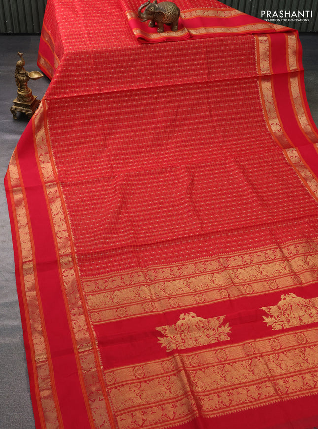 Kanchipuram silk cotton saree red with allover thread woven checked pattern & buttas and rettapet zari woven border