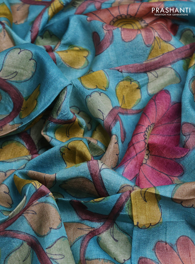 Tussar hand painted blouse bits light blue with allover kalamkari prints