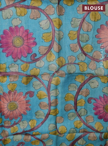 Tussar hand painted blouse bits light blue with allover kalamkari prints