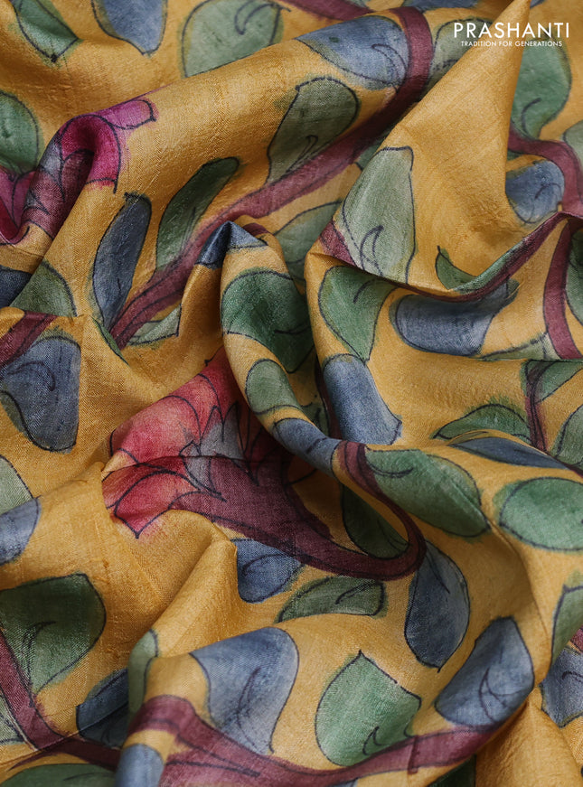 Tussar hand painted blouse bits yellow shade with allover kalamkari prints