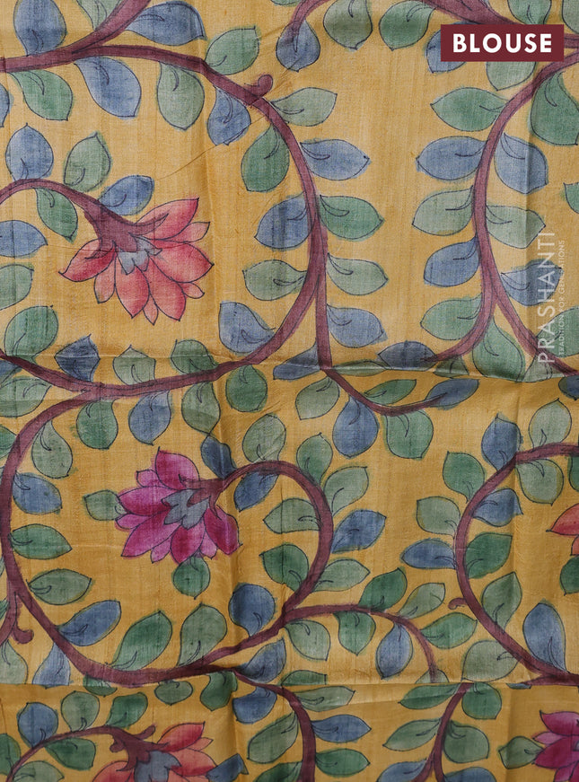 Tussar hand painted blouse bits yellow shade with allover kalamkari prints