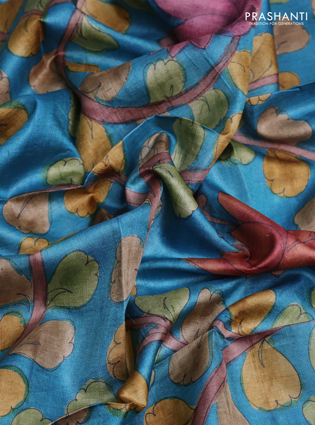 Tussar hand painted blouse bits blue with allover kalamkari prints