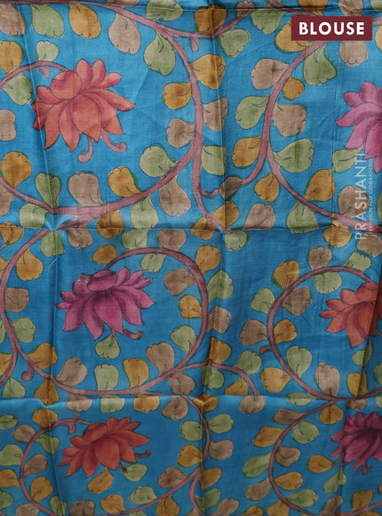 Tussar hand painted blouse bits blue with allover kalamkari prints