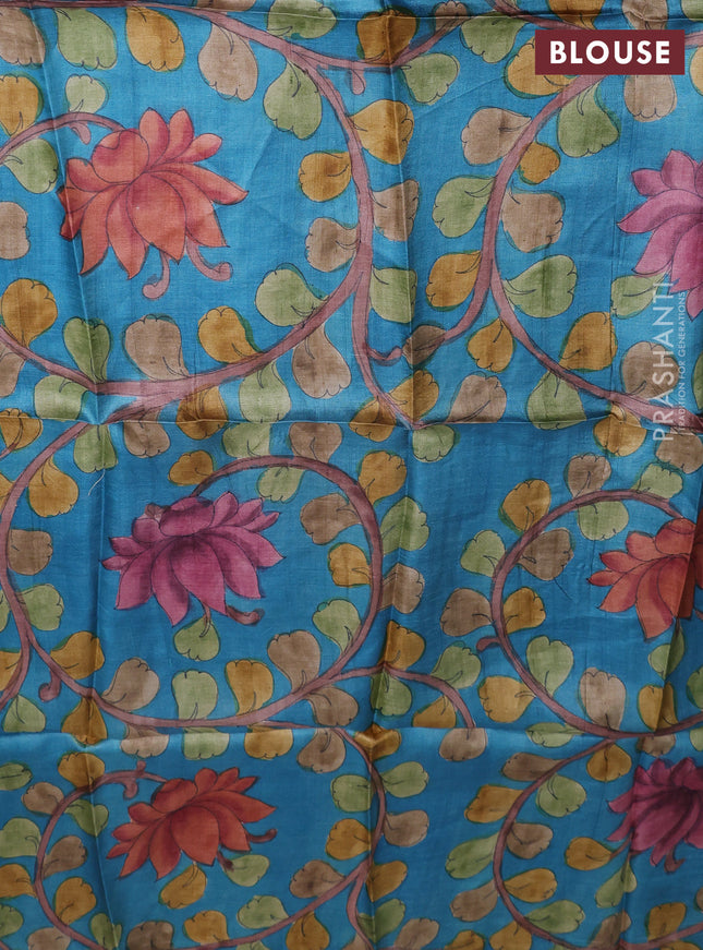Tussar hand painted blouse bits blue with allover kalamkari prints