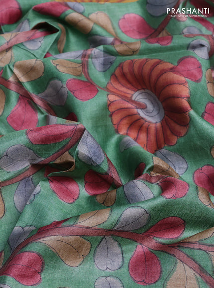 Tussar hand painted blouse bits green with allover kalamkari prints
