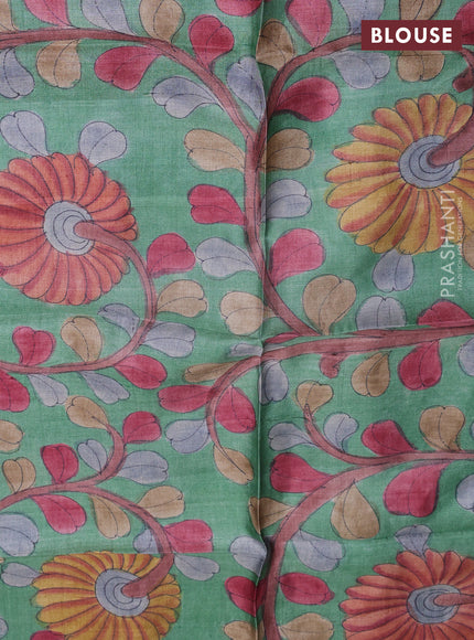 Tussar hand painted blouse bits green with allover kalamkari prints