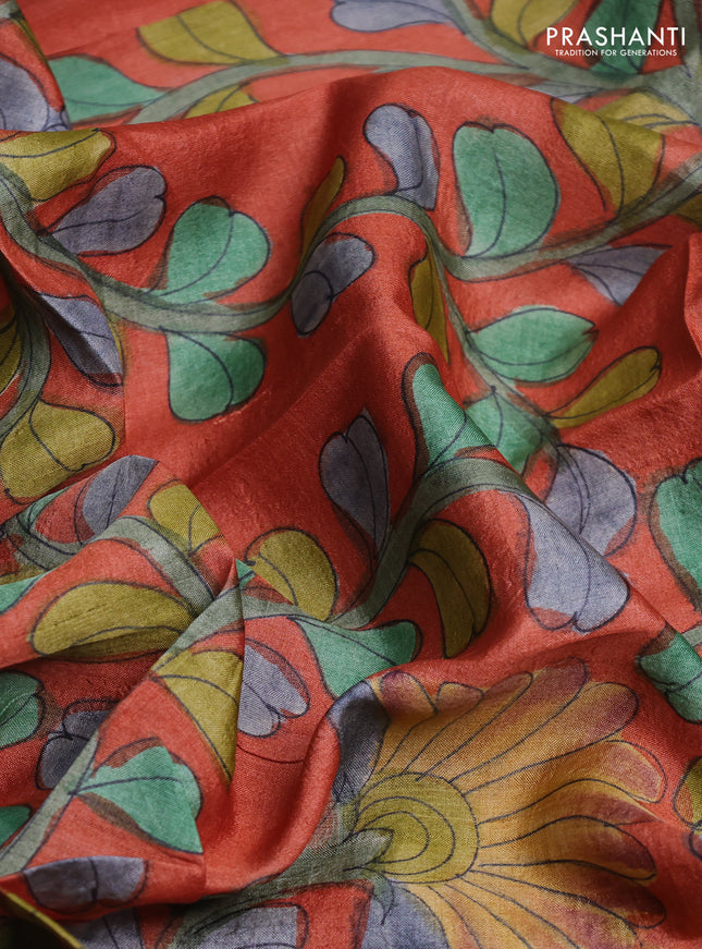 Tussar hand painted blouse bits rustic orange with allover kalamkari prints