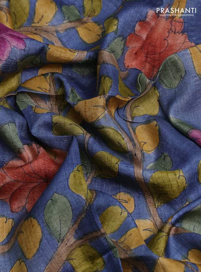 Tussar hand painted blouse bits blue shade with allover kalamkari prints