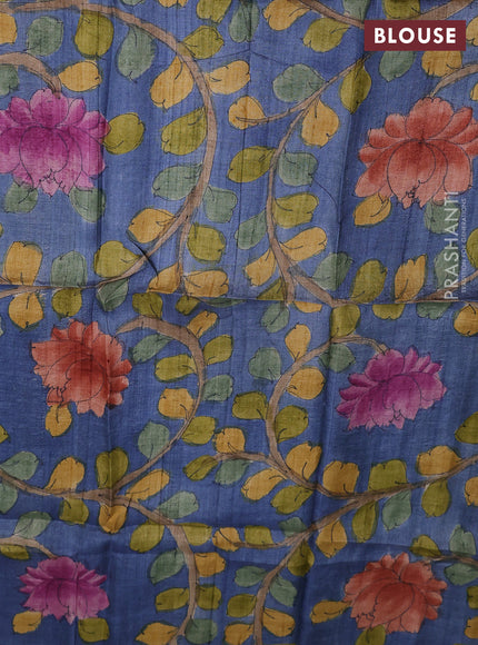 Tussar hand painted blouse bits blue shade with allover kalamkari prints
