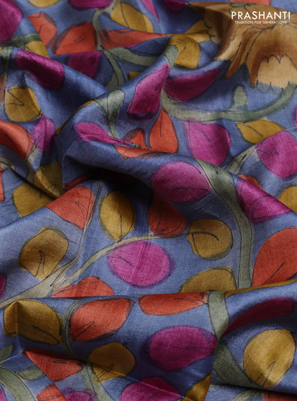 Tussar hand painted blouse bits blue shade with allover kalamkari prints