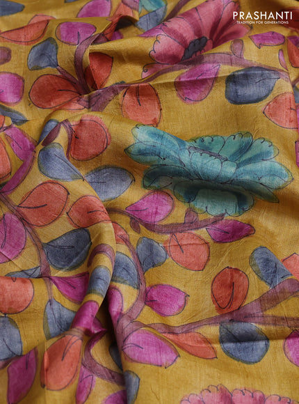 Tussar hand painted blouse bits mustard yellow with allover kalamkari prints