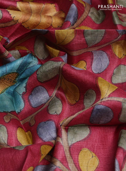 Tussar hand painted blouse bits maroon with allover kalamkari prints