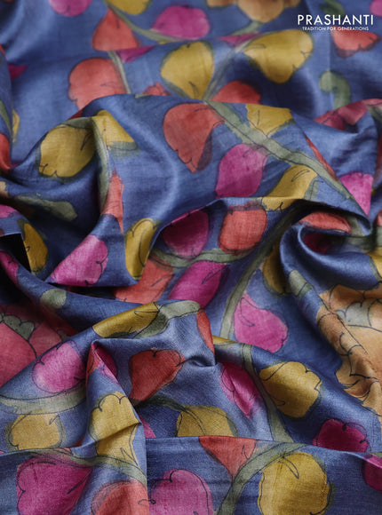 Tussar hand painted blouse bits blue shade with allover kalamkari prints
