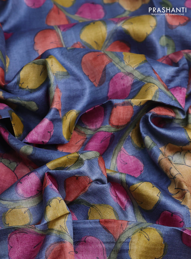 Tussar hand painted blouse bits blue shade with allover kalamkari prints