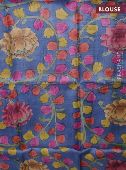 Tussar hand painted blouse bits blue shade with allover kalamkari prints
