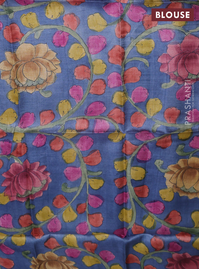 Tussar hand painted blouse bits blue shade with allover kalamkari prints