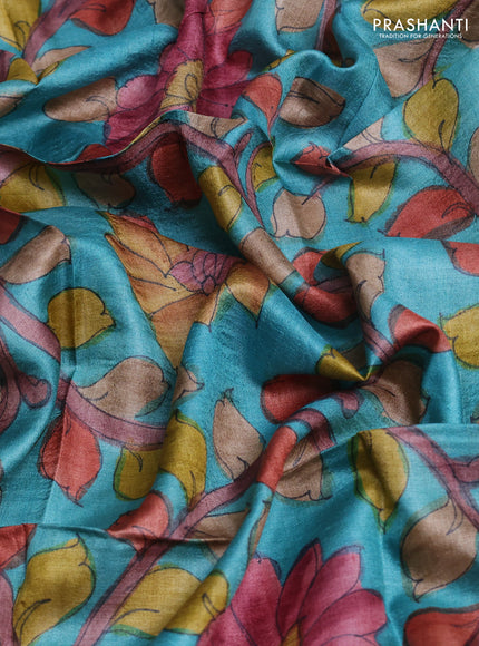 Tussar hand painted blouse bits teal blue with allover kalamkari prints
