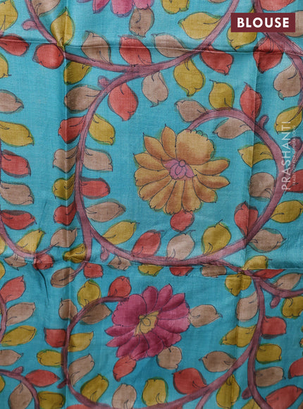 Tussar hand painted blouse bits teal blue with allover kalamkari prints