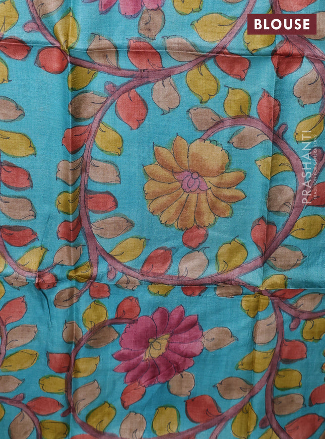 Tussar hand painted blouse bits teal blue with allover kalamkari prints