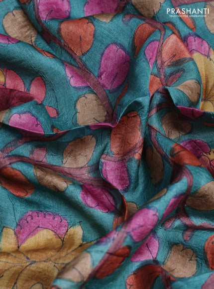 Tussar hand painted blouse bits teal blue with allover kalamkari prints