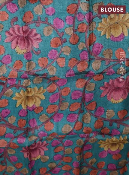 Tussar hand painted blouse bits teal blue with allover kalamkari prints