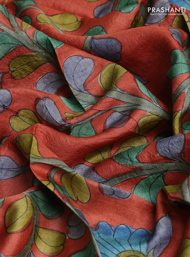 Tussar hand painted blouse bits rustic orange with allover kalamkari prints