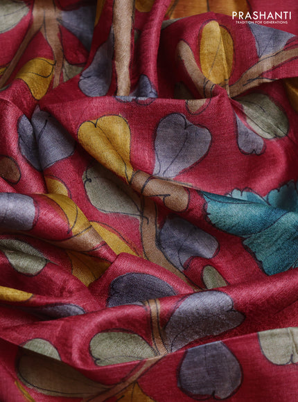 Tussar hand painted blouse bits maroon with allover kalamkari prints