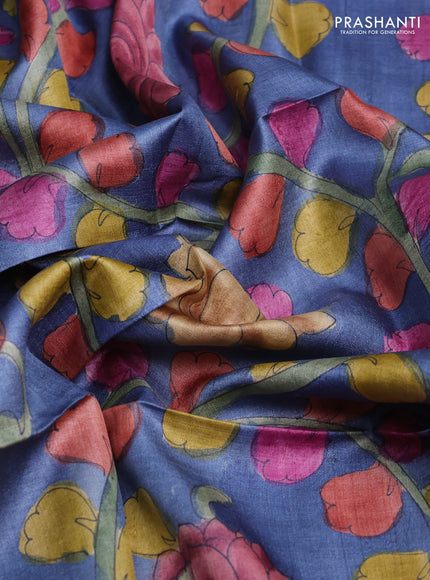 Tussar hand painted blouse bits blue with allover kalamkari prints
