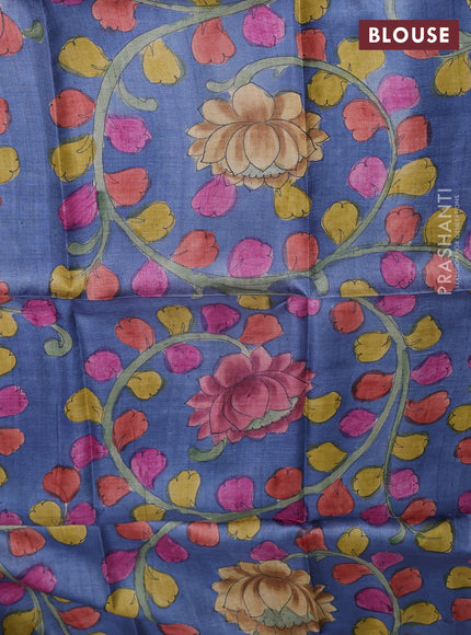 Tussar hand painted blouse bits blue with allover kalamkari prints