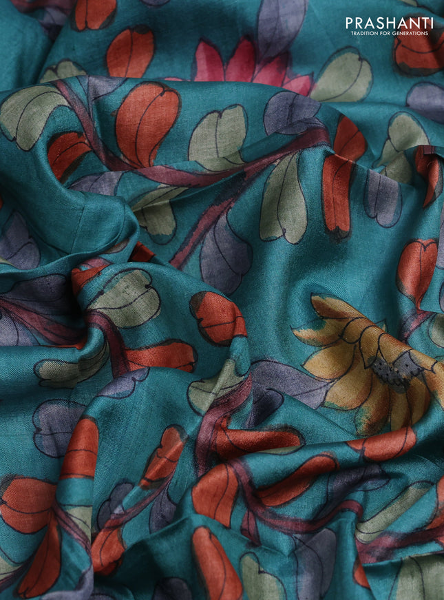 Tussar hand painted blouse bits teal green with allover kalamkari prints
