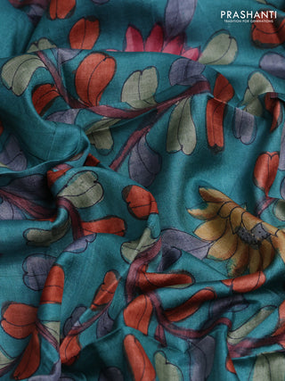Tussar hand painted blouse bits teal green with allover kalamkari prints