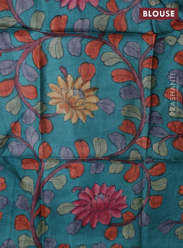 Tussar hand painted blouse bits teal green with allover kalamkari prints