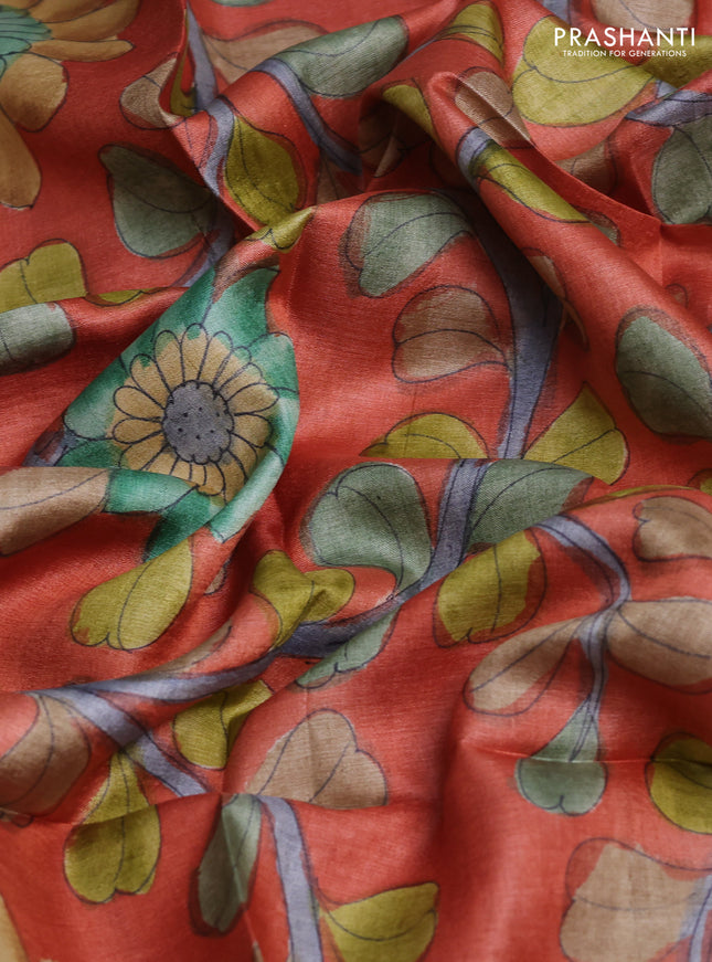 Tussar hand painted blouse bits rustic orange with allover kalamkari prints