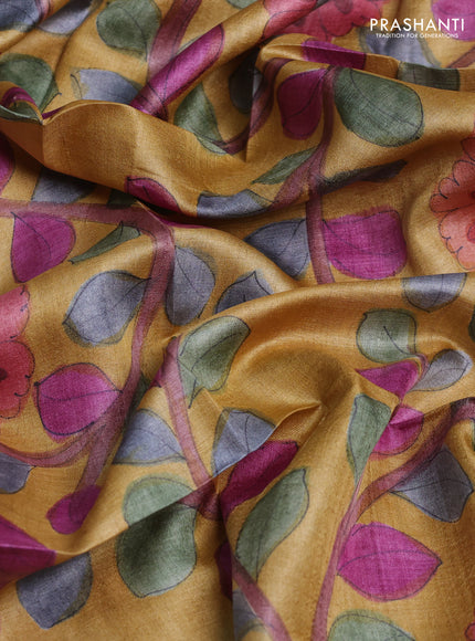 Tussar hand painted blouse bits mustard yellow with allover kalamkari prints