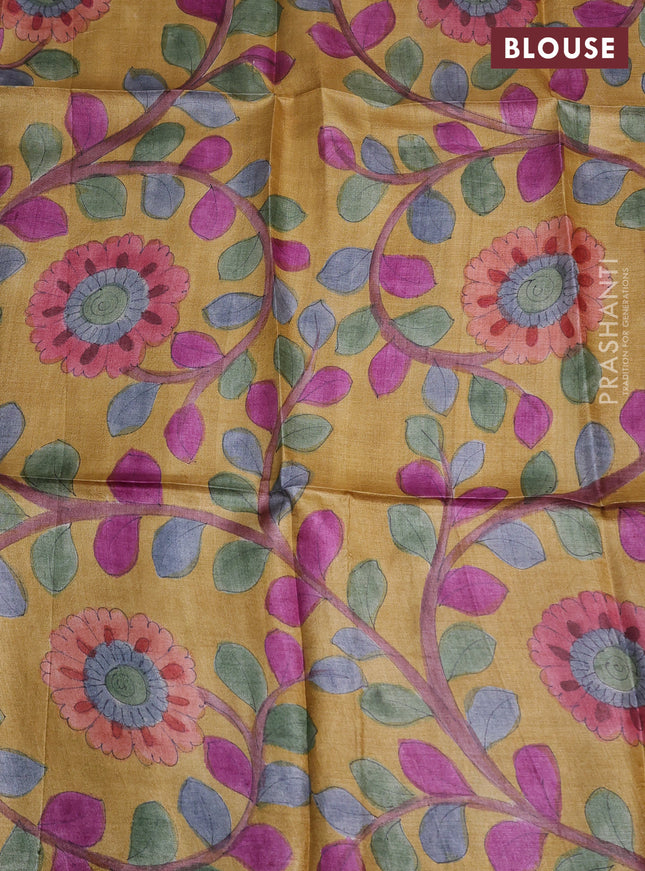 Tussar hand painted blouse bits mustard yellow with allover kalamkari prints