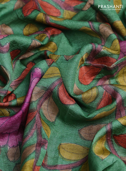 Tussar hand painted blouse bits green with allover kalamkari prints