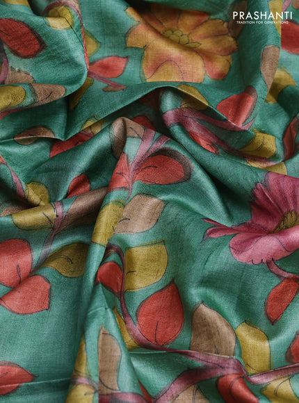 Tussar hand painted blouse bits green shade with allover kalamkari prints